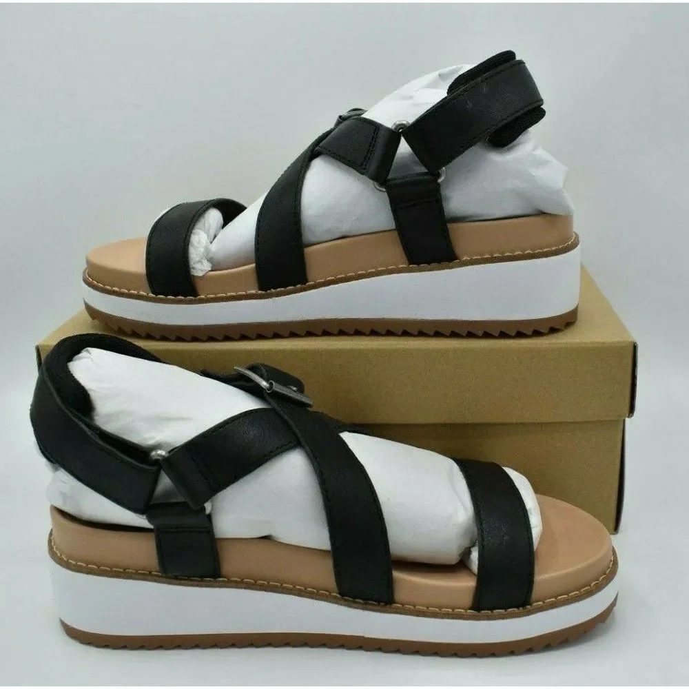 Lucky Brand Women Size 9.5 Idenia Wedge Strappy Black Saddle Leather Sandal Shoe